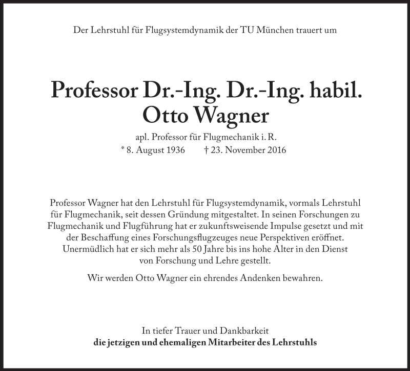 Traueranzeige Prof. Wagner